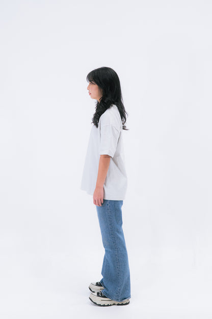 STAY CURIOUS FISHEYE BOXY TEE - PEBBLE